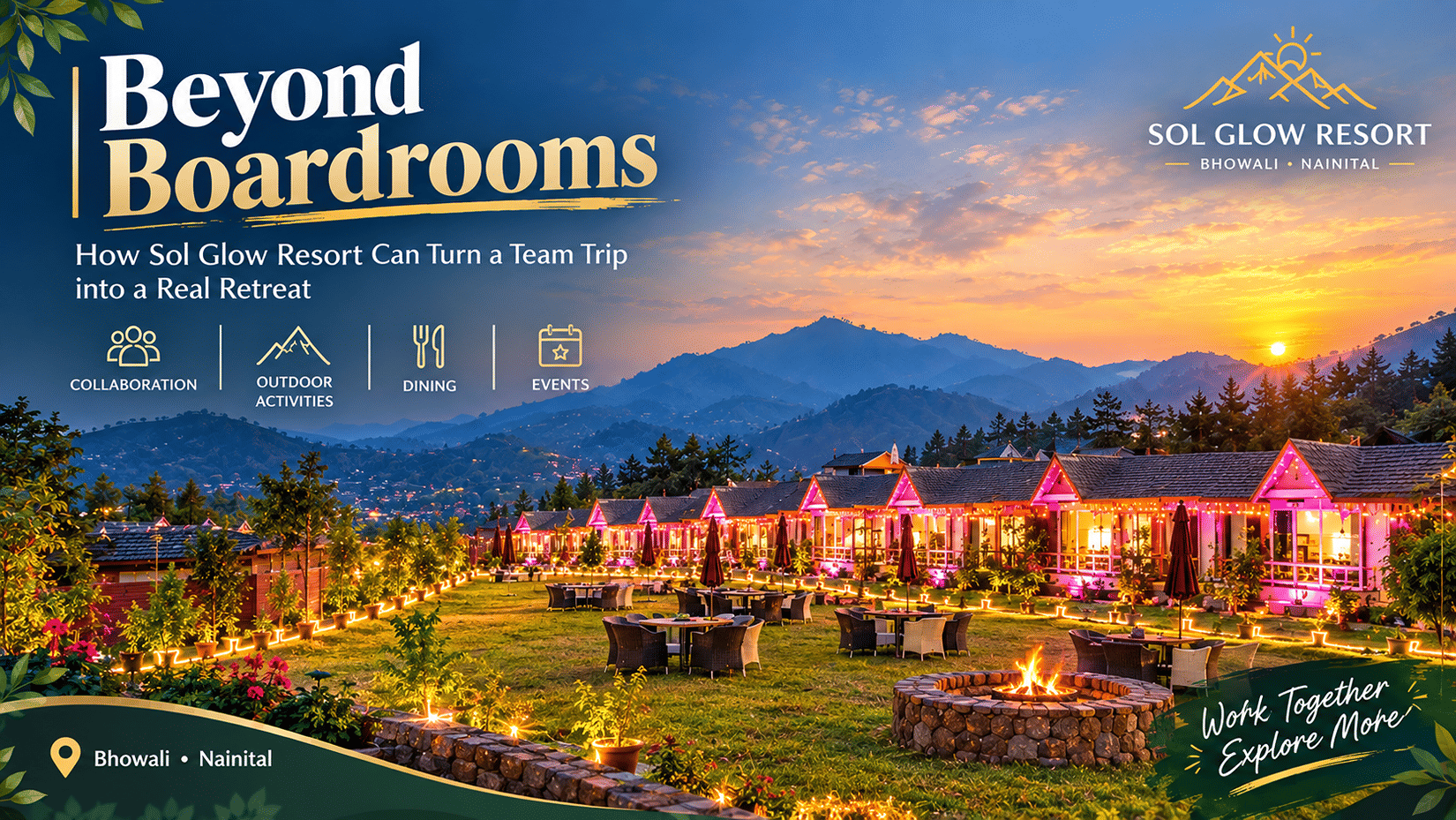 Promotional banner for Sol Glow Resort in Bhowali, Nainital, featuring warm evening lighting over mountain cottages, a bonfire, and the headline Beyond Boardrooms: How Sol Glow Resort Can Turn a Team Trip into a Real Retreat.