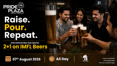 Poster for International Beer Day at Pride Plaza Hotel, New Delhi, showing friends clinking beer glasses near a beer dispenser, with promotional text.