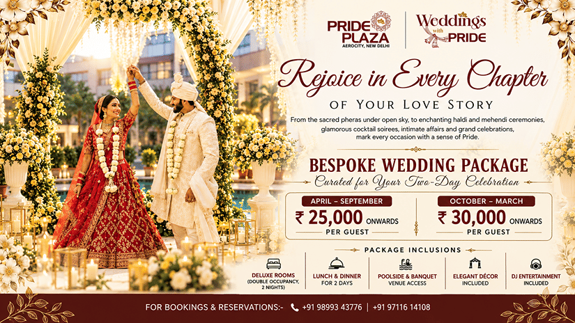 Bespoke wedding package at Pride Plaza Hotel Aerocity, New Delhi, featuring elegant wedding décor, floral arrangements, accommodation, dining, banquet venue access and entertainment for two-day celebrations.