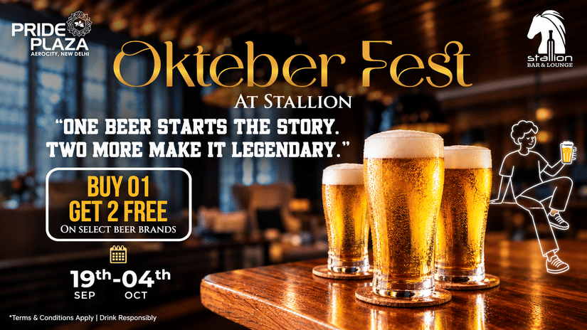 Oktoberfest at the Stallion Bar offering Buy 1, Get 2 Free on select beer brands. Valid 19th September to 4th October 2026. Features three beer glasses on a wooden table.