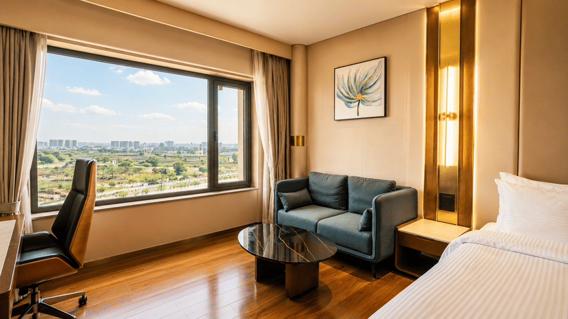 A bedroom contains a single bed, a blue fabric sofa, and an office chair by a large window overlooking a landscape at Pride Plaza Indore.