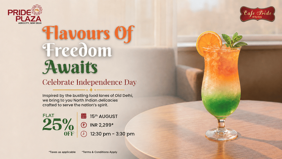 Independence Day promotional poster for Pride Plaza Hotel, New Delhi, featuring a layered tricolour drink on a wooden table, sofa, and discount details.