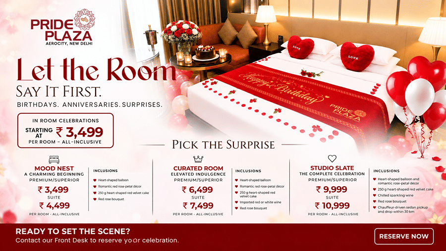 Room decoration packages at Pride Plaza Hotel Aerocity, New Delhi, for birthdays, anniversaries and surprises, featuring romantic décor, balloons, rose petals, cakes, bouquets and curated celebration experiences.