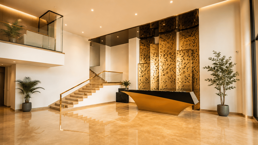 A golden reception desk sits near a wooden staircase with metal railings, wall panels, and indoor plants at Pride Plaza Indore.