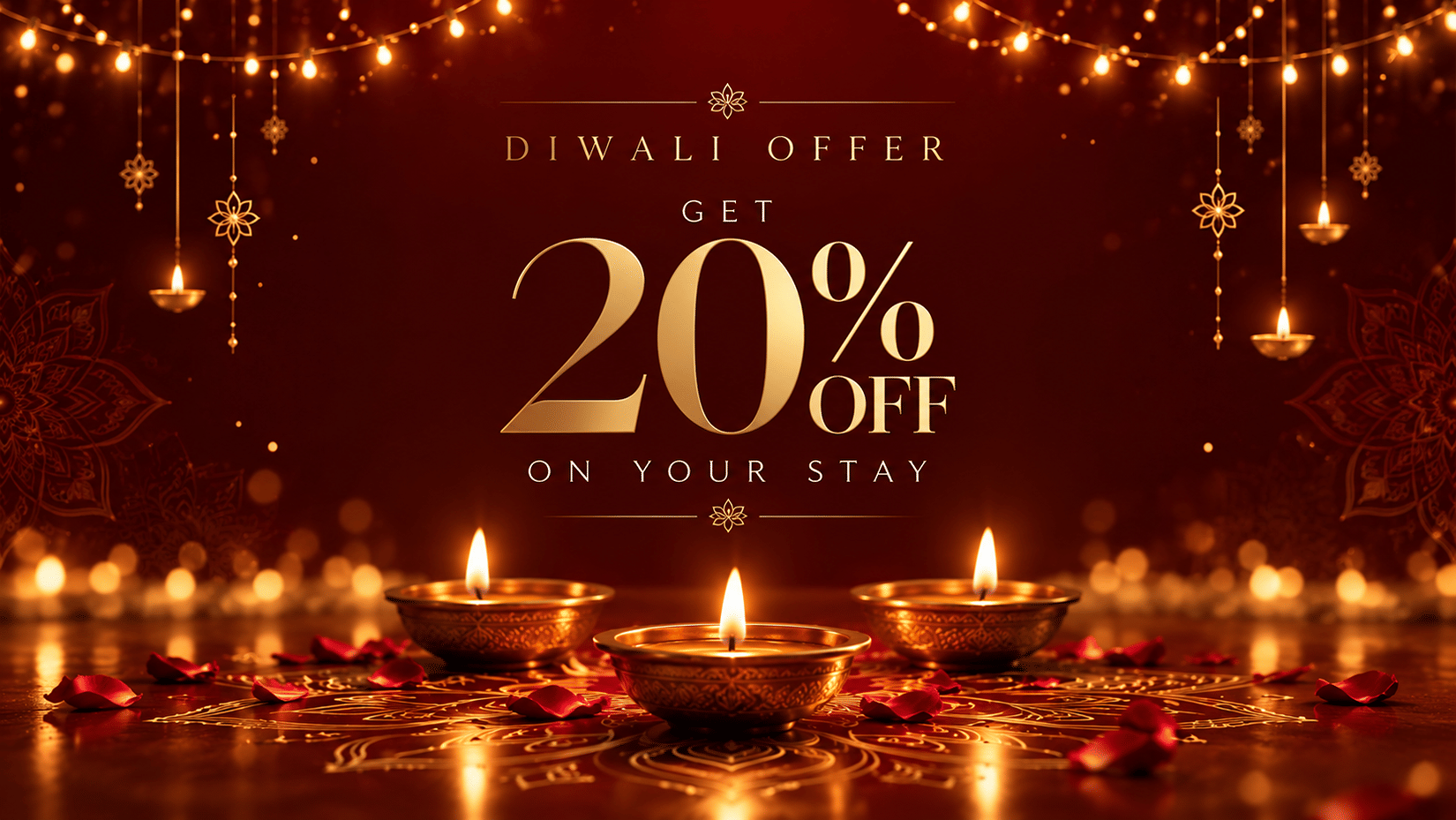This Diwali season, enjoy 20% off on your stays at Mount Hotels. The background of the creative features small earthen lamps, petals spread around for decoration, and fairy lights hanging.