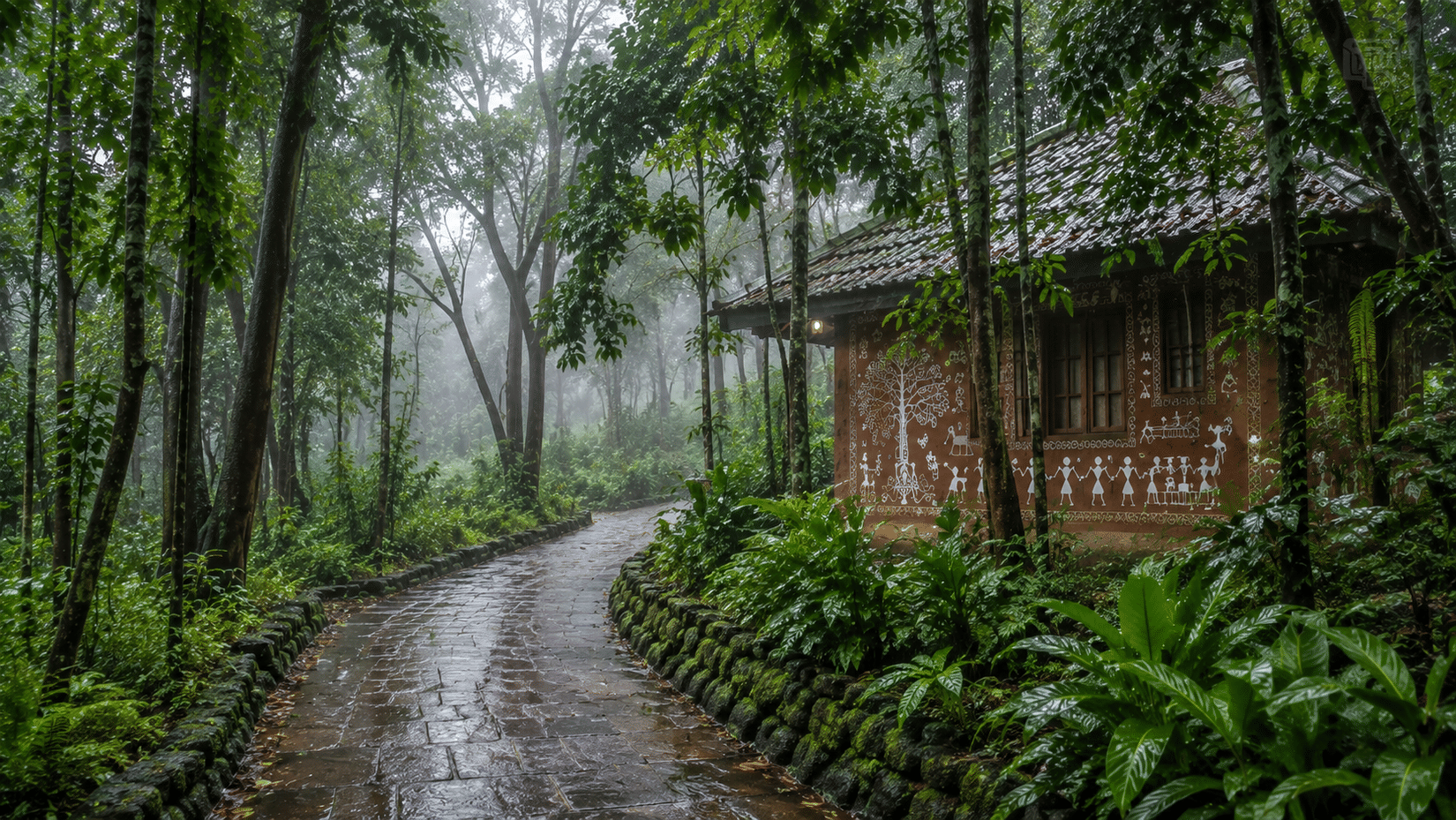 A monsoon morning on a forest path at Nature Trails Sajan in Vikramgad