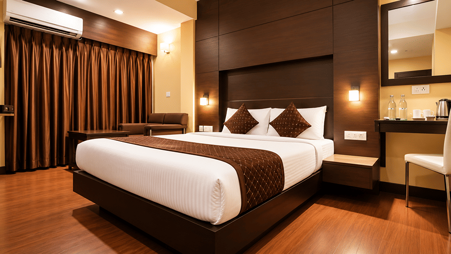 Queen size bed in Super Deluxe AC Room at Mount Embassy Hotel
