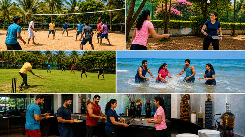 Collage showing a beach volleyball match, guests splashing playfully in the sea and a group being served at a buffet counter set up indoors.