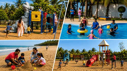 Beach collage showing a children's play area with slides, a family walking along the shoreline and children playing in a swimming pool nearby.