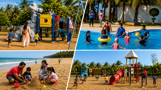 Beach collage showing a children's play area with slides, a family walking along the shoreline and children playing in a swimming pool nearby.