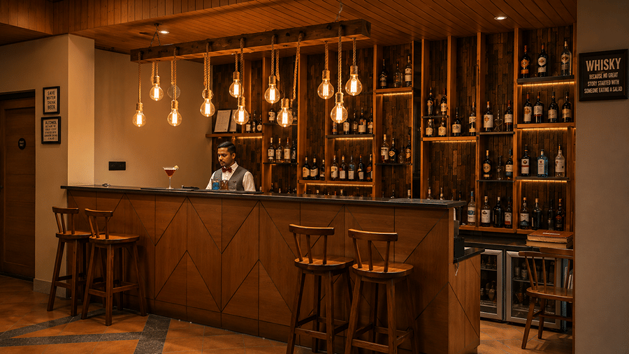A bar counter at Hotel Sonar Bangla, Sundarban featuring a bartender, high wooden stools, and hanging light bulbs. 