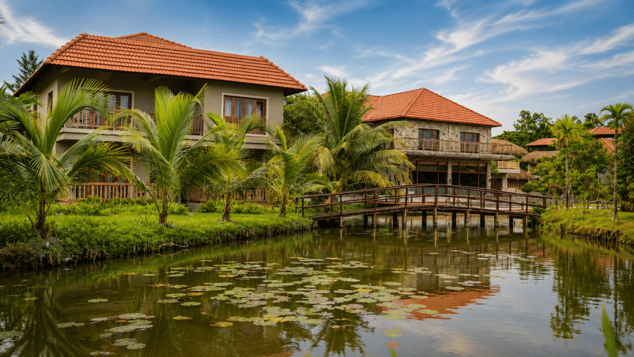A view of cottages at Hotel Sonar Bangla, Sundarban featuring tiled roofs, a pond with lily pads, and a wooden bridge. 