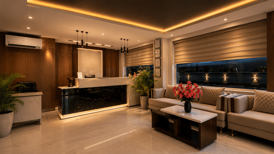 A reception area at The Pamposh, New Delhi, with desks, cushions, air-conditioner, a chair, and a plants.