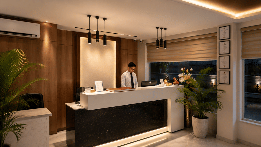 A reception area at The Pamposh, New Delhi, with a man standing near a desk, air-conditioner, a chair, and a plants.