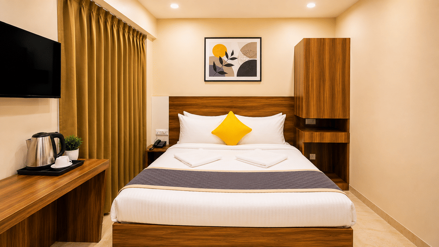 Stylish room at Urban Comforts with modern furnishings, comfortable interiors, and thoughtfully arranged amenities