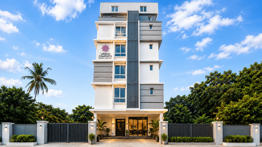 Exterior view of Urban Comforts showcasing contemporary architecture and a welcoming atmosphere