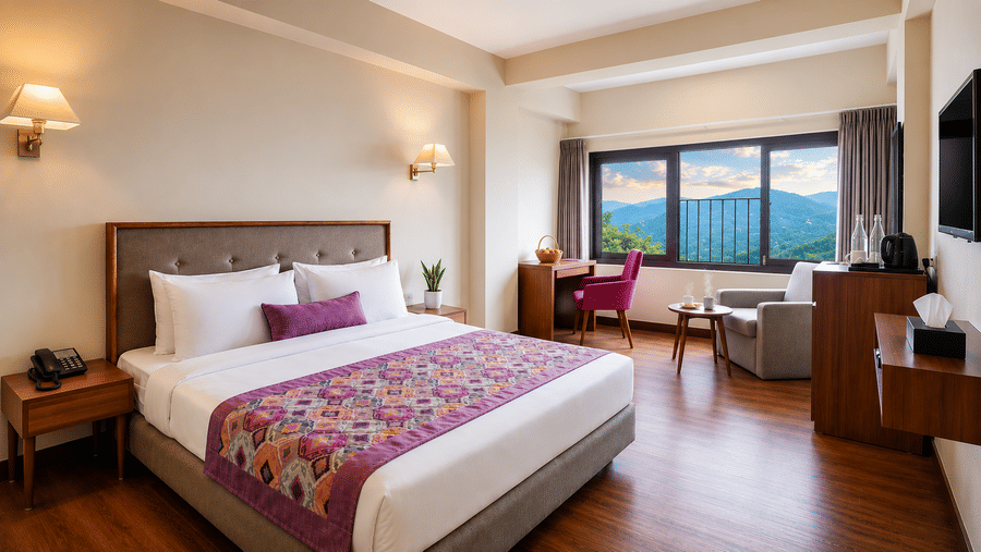 Deluxe Room at Valmere Himalayan Hotel & Spa, Gangtok with a king-size bed, wooden flooring, a pink armchair, a gray sofa, and a window overlooking mountains.