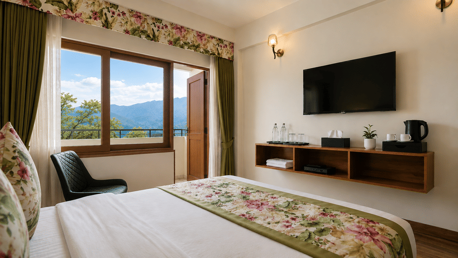 Guest room at Valmere Himalayan Hotel & Spa, Gangtok with a floral curtain valance, an open door to a mountain-view balcony, and a black leather accent chair.