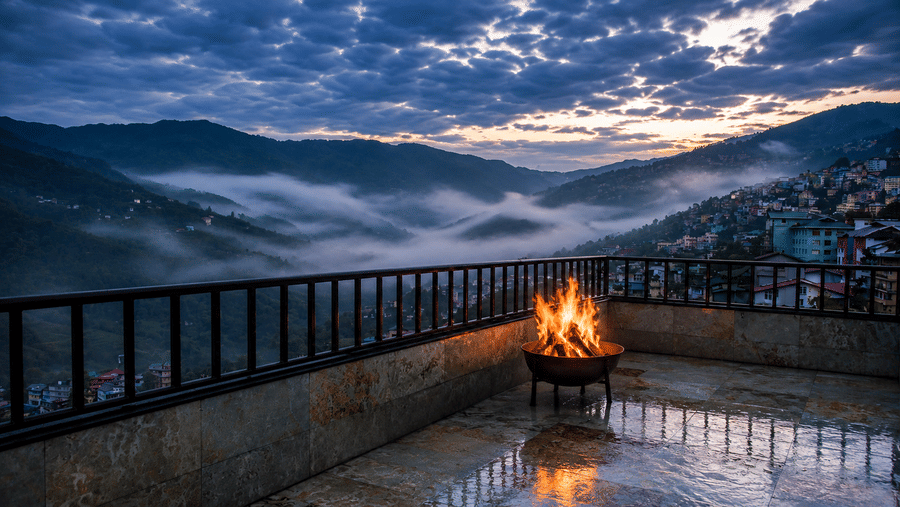 Rooftop terrace at Valmere Himalayan Hotel & Spa, Gangtok with a lit bonfire pit, overlooking a mist-covered valley and hillside town at dusk.