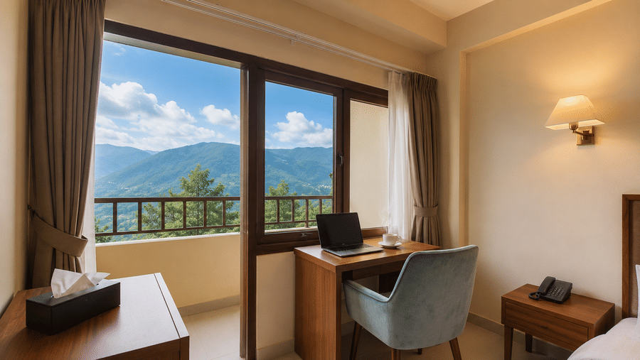 Work desk at Valmere Himalayan Hotel & Spa, Gangtok with a laptop and a coffee cup, positioned beside an open balcony door revealing a mountain view.