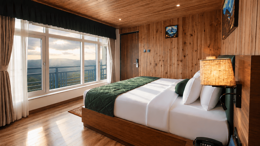 A king size bed positioned next to a large window offering mountain views, a bedside lamp, and a wall picture at Valmere Lungta Boutique Hotel & Spa, Darjeeling.