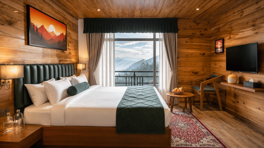 Bedroom with a king size bed, wall television, and window view at Valmere Lungta Boutique Hotel & Spa, Darjeeling.