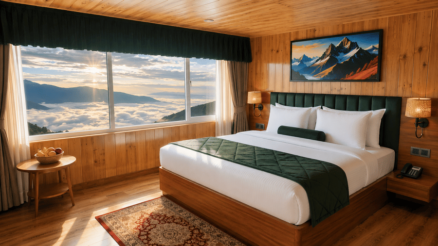 Bedroom with a king size bed, large picture window, and valley view at Valmere Lungta Boutique Hotel & Spa, Darjeeling.
