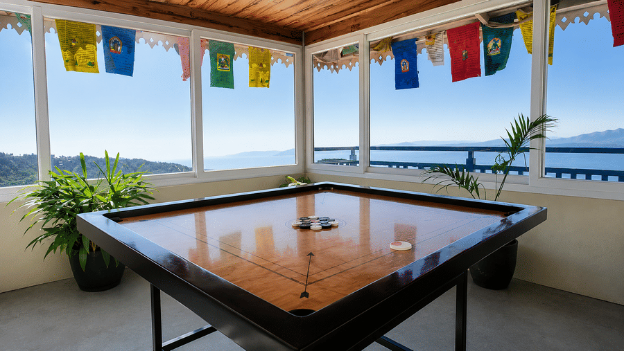 A carrom board placed on a stand in a game room with windows and potted plants at Valmere Lungta Boutique Hotel & Spa, Darjeeling.
