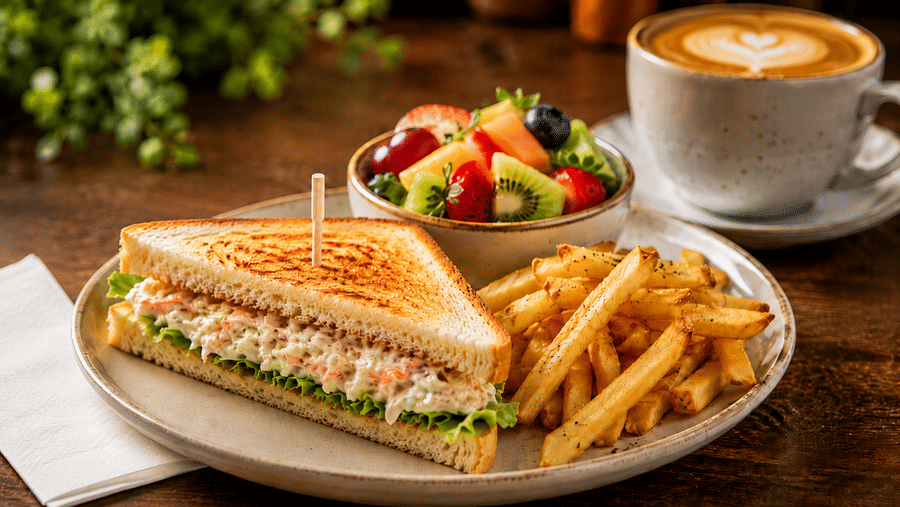 A plate with a grilled club sandwich, french fries, a bowl of fruit salad, and a cup of coffee at Valmere Lungta Boutique Hotel & Spa, Darjeeling.