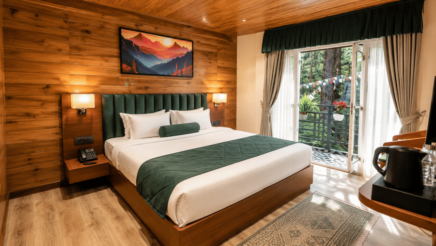 Bedroom with a king size bed, wall painting, and balcony view at Valmere Lungta Boutique Hotel & Spa, Darjeeling.
