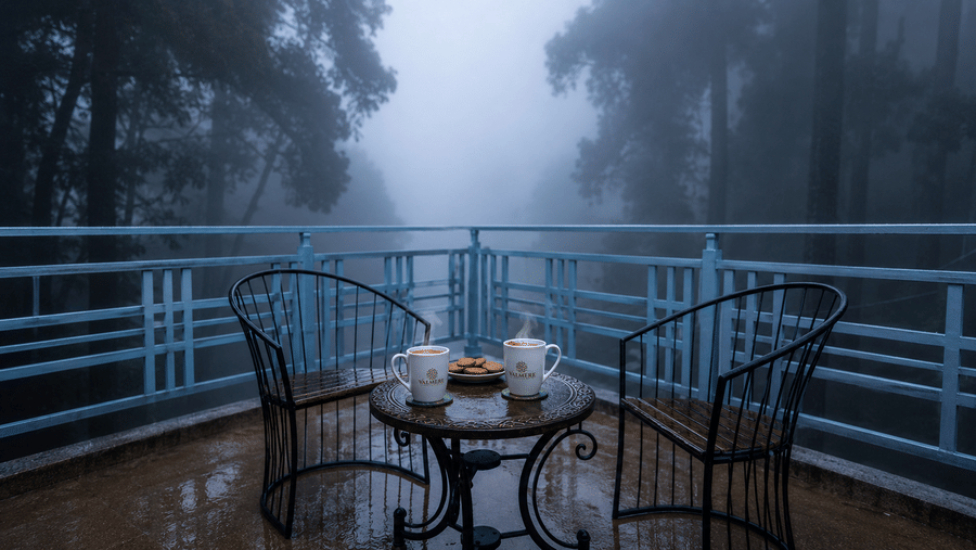 A balcony table, 2 chairs, 2 cups of hot tea, and biscuits set against a misty forest background at Valmere Lungta Boutique Hotel & Spa, Darjeeling.