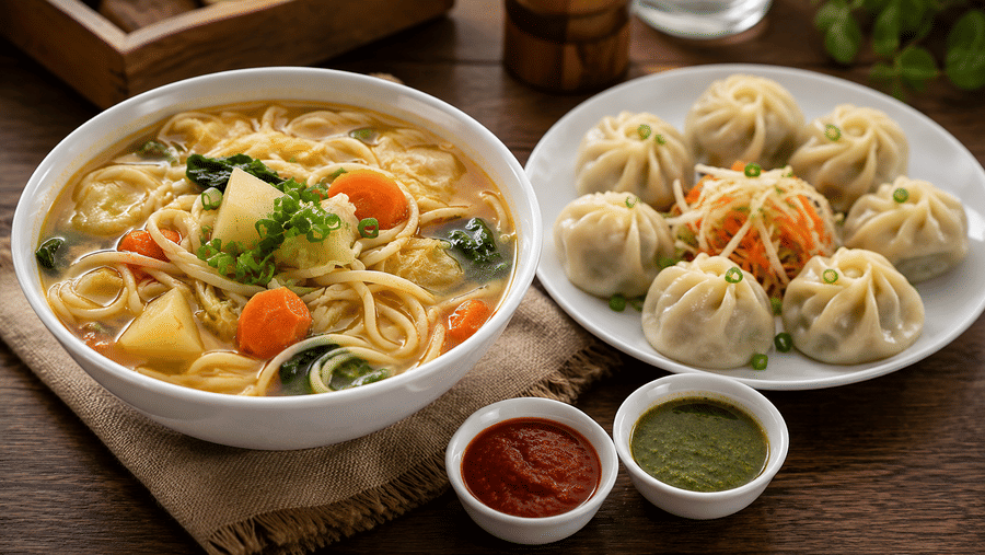 A bowl of noodle soup served alongside a plate of momo, red chutney, and green chutney at Valmere Lungta Boutique Hotel & Spa, Darjeeling.