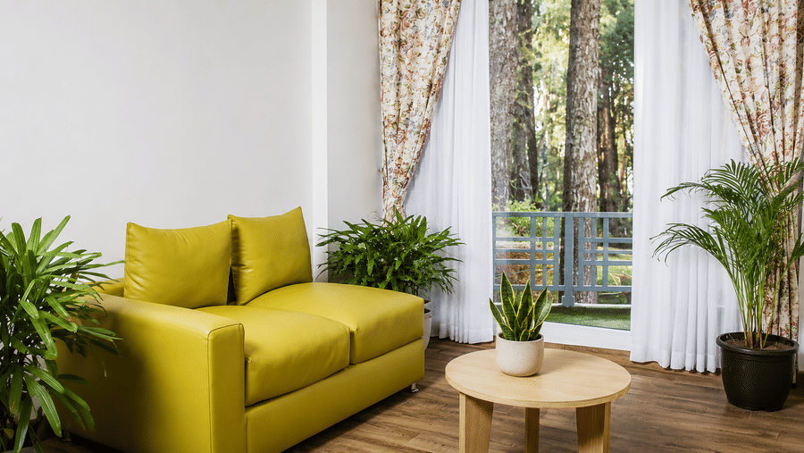 A sofa, a round wooden coffee table, indoor potted plants, and curtained windows at Valmere Lungta Boutique Hotel & Spa, Darjeeling.