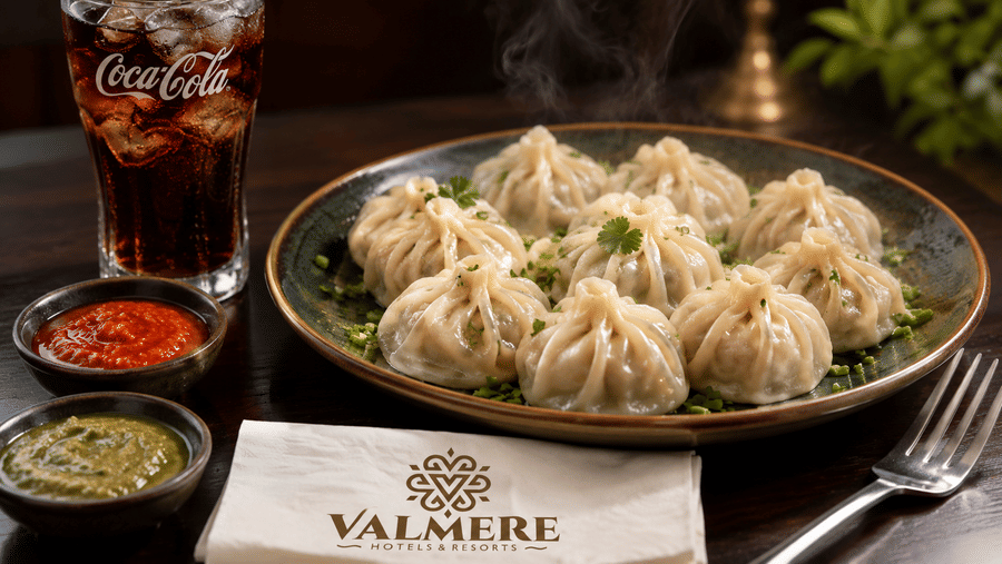 A plate of 8 steamed momos served with 2 chutney dips, a cold drink, and a napkin at Valmere Lungta Boutique Hotel & Spa, Darjeeling.