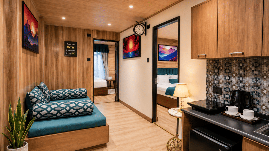 Living area with a daybed, wall paintings, and kitchenette counter at Valmere Lungta Boutique Hotel & Spa, Darjeeling.