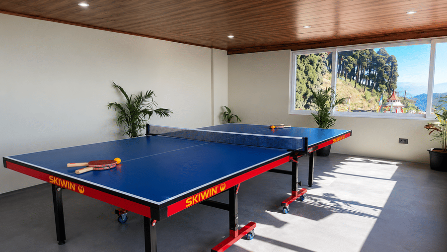A table tennis table with 2 paddles, balls, indoor plants, and large windows at Valmere Lungta Boutique Hotel & Spa, Darjeeling.