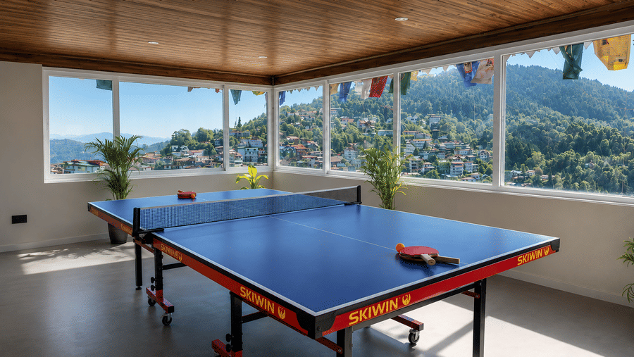A table tennis board with paddles, balls, surrounding windows, and potted plants at Valmere Lungta Boutique Hotel & Spa, Darjeeling.