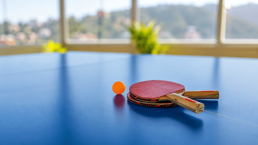 Table tennis bats and an orange ball placed on a blue table tennis table at Valmere Lungta Boutique Hotel & Spa, Darjeeling.