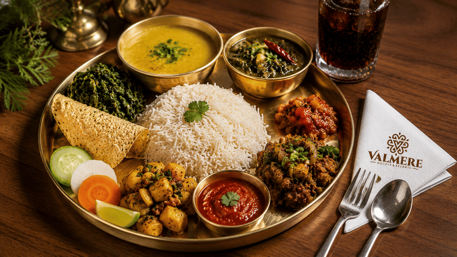 A food thali filled with rice, bowls of curry, and side dishes served with a drink, fork, and spoon at Valmere Lungta Boutique Hotel & Spa, Darjeeling.