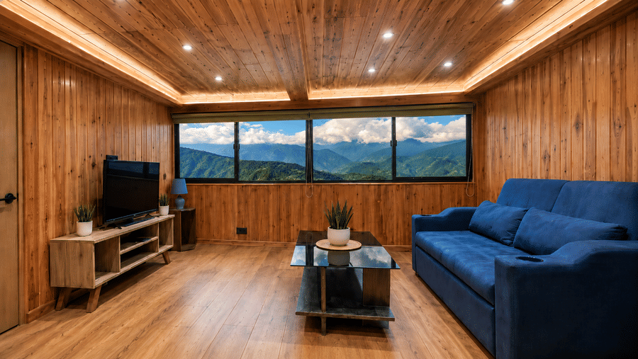 Attic Suite living room at Valmere Magnolia Boutique Hotel & Spa, Pelling with a navy sofa, a wooden TV unit, a coffee table, and a mountain view window.