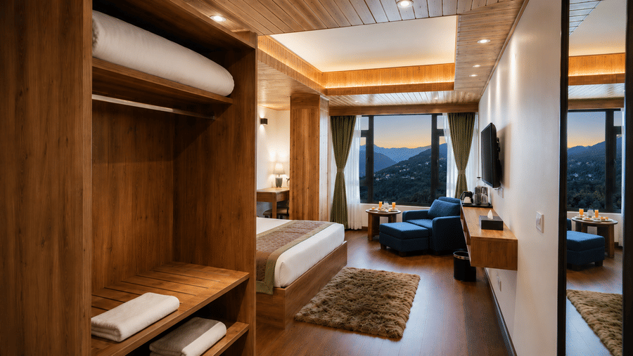 Guest room at Valmere Magnolia Boutique Hotel & Spa, Pelling with an open wardrobe holding folded towels, a bed, and a window overlooking mountains at dusk.