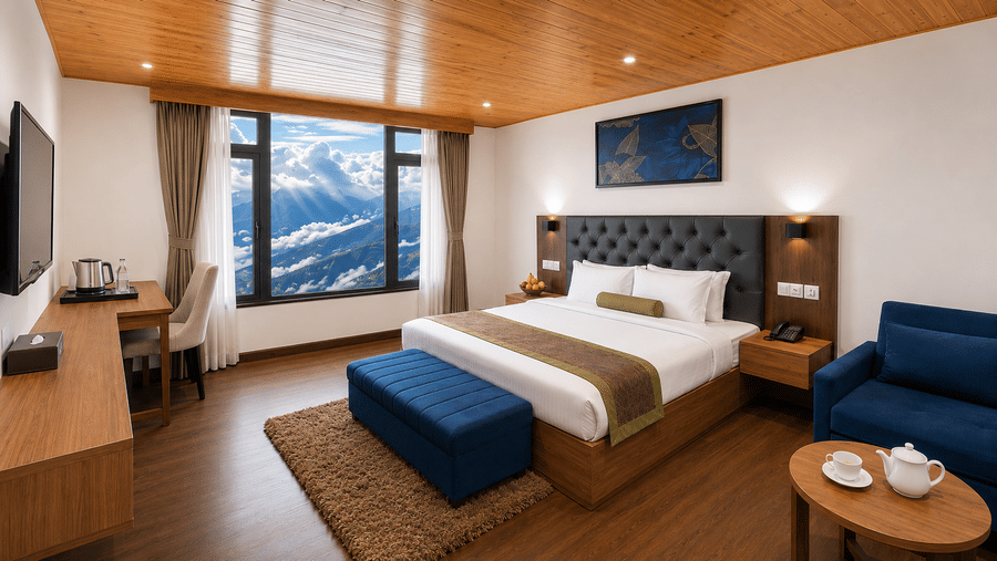 Guest room at Valmere Magnolia Boutique Hotel & Spa, Pelling with a king-size bed, dark headboard, navy bench, and a window overlooking clouded mountains.