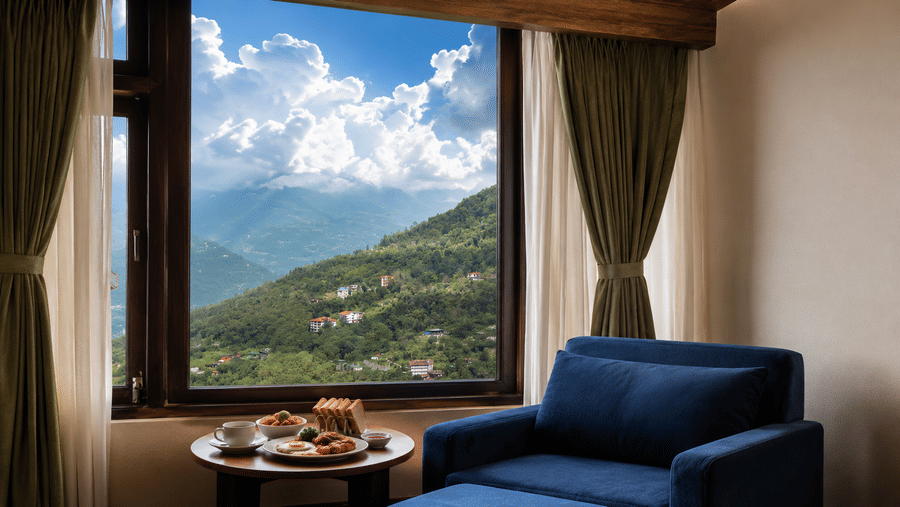 Breakfast spread at Valmere Magnolia Boutique Hotel & Spa, Pelling on a round table by the window, with tea and toast, beside a navy armchair overlooking hills.