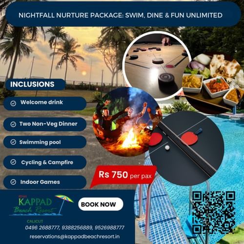 Promotional creative for Kappad Beach Resort's Nostalgia Nurture Package, featuring inclusions like welcome drink, twin non-veg dinner, swimming pool, cycling, campfire, and indoor games for INR 750 per day.