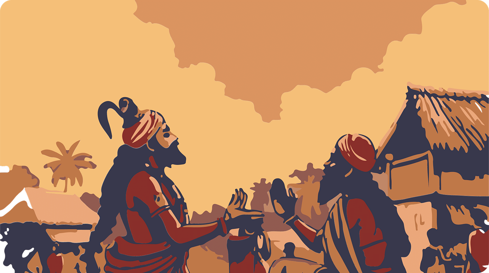 A comic strip of Characters discussing in a village setup