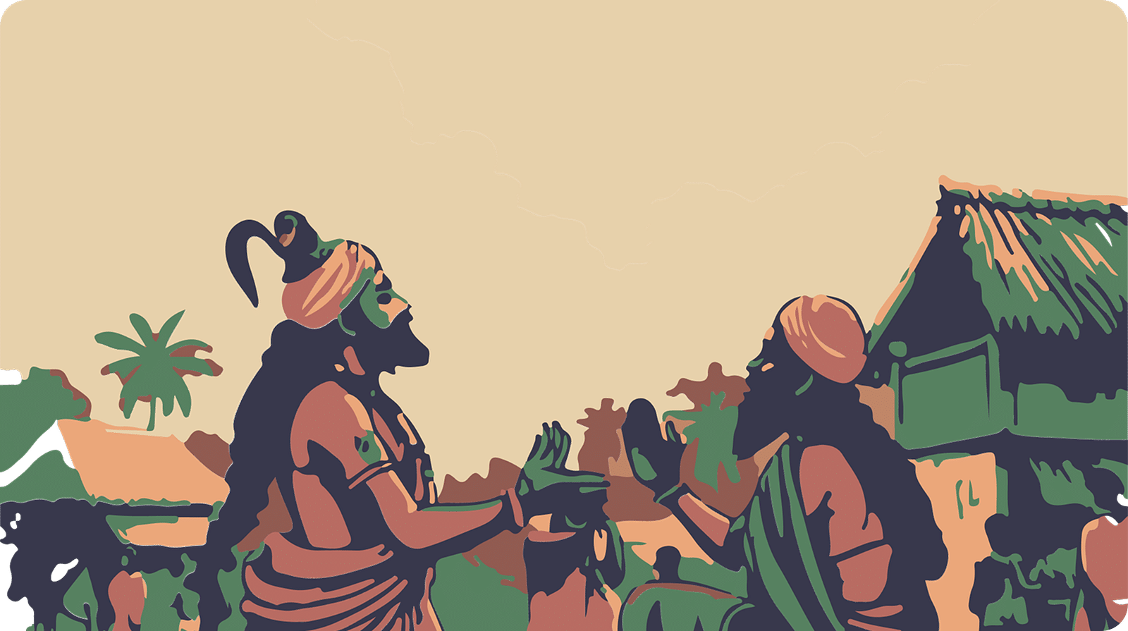 A comic strip of Two ancient travellers exchange stories in a vibrant village market near a Tanjore temple