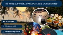 Promotional creative for Kappad Beach Resort's Nostalgia Nurture Package, featuring inclusions like welcome drink, twin non-veg dinner, swimming pool, cycling, campfire, and indoor games for INR 750 per day.