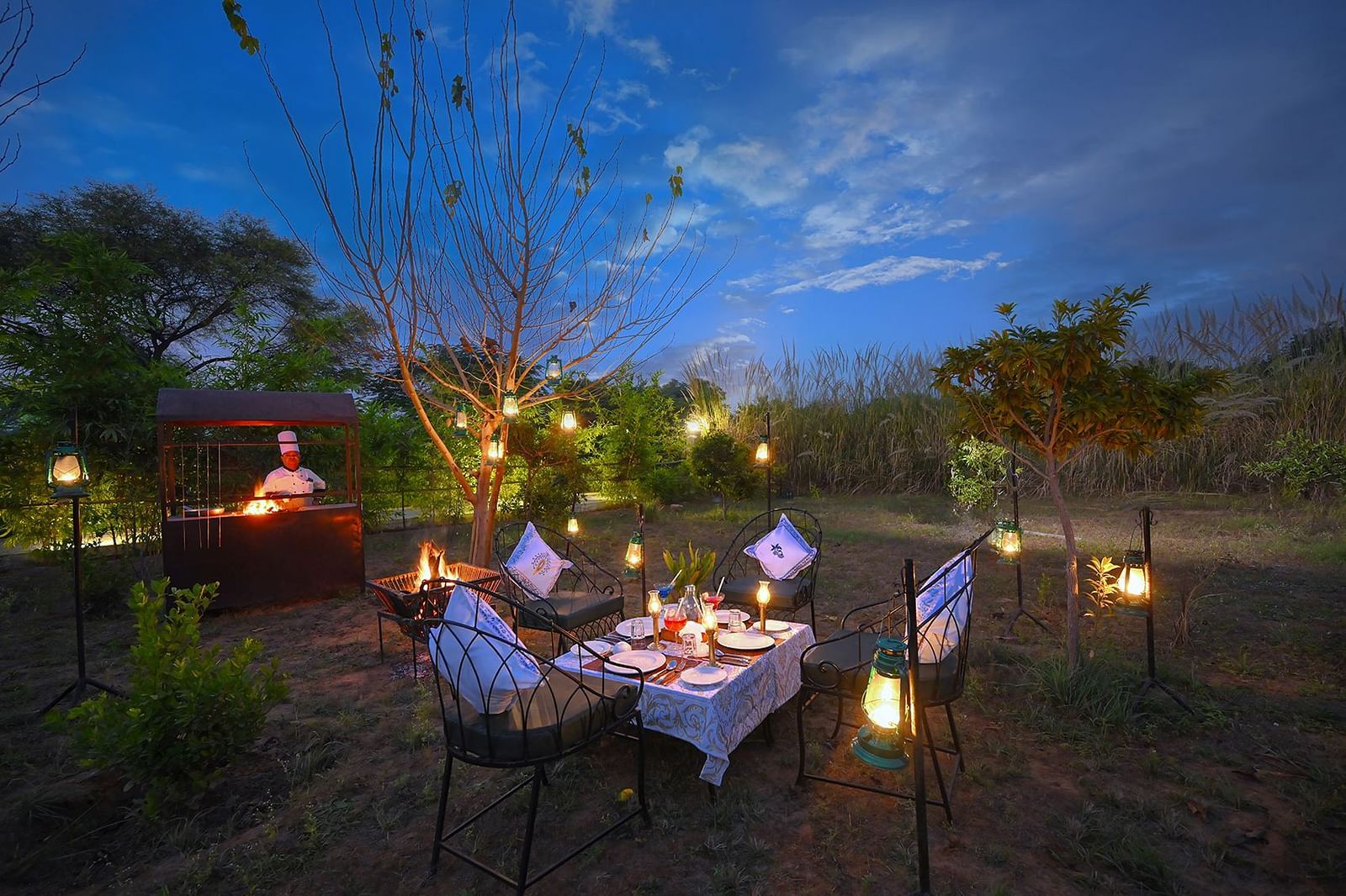 Private outdoor dining setup in a natural garden with cushioned chairs around a table adorned with lanterns and a live barbecue station, set against a serene twilight sky - Singhvilas, Ranthambore