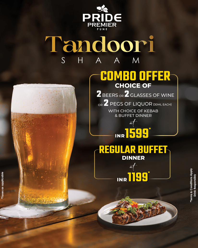 Tandoori Shaam banner at Pride Premier Pune with a beer glass and mentioning offer prices.