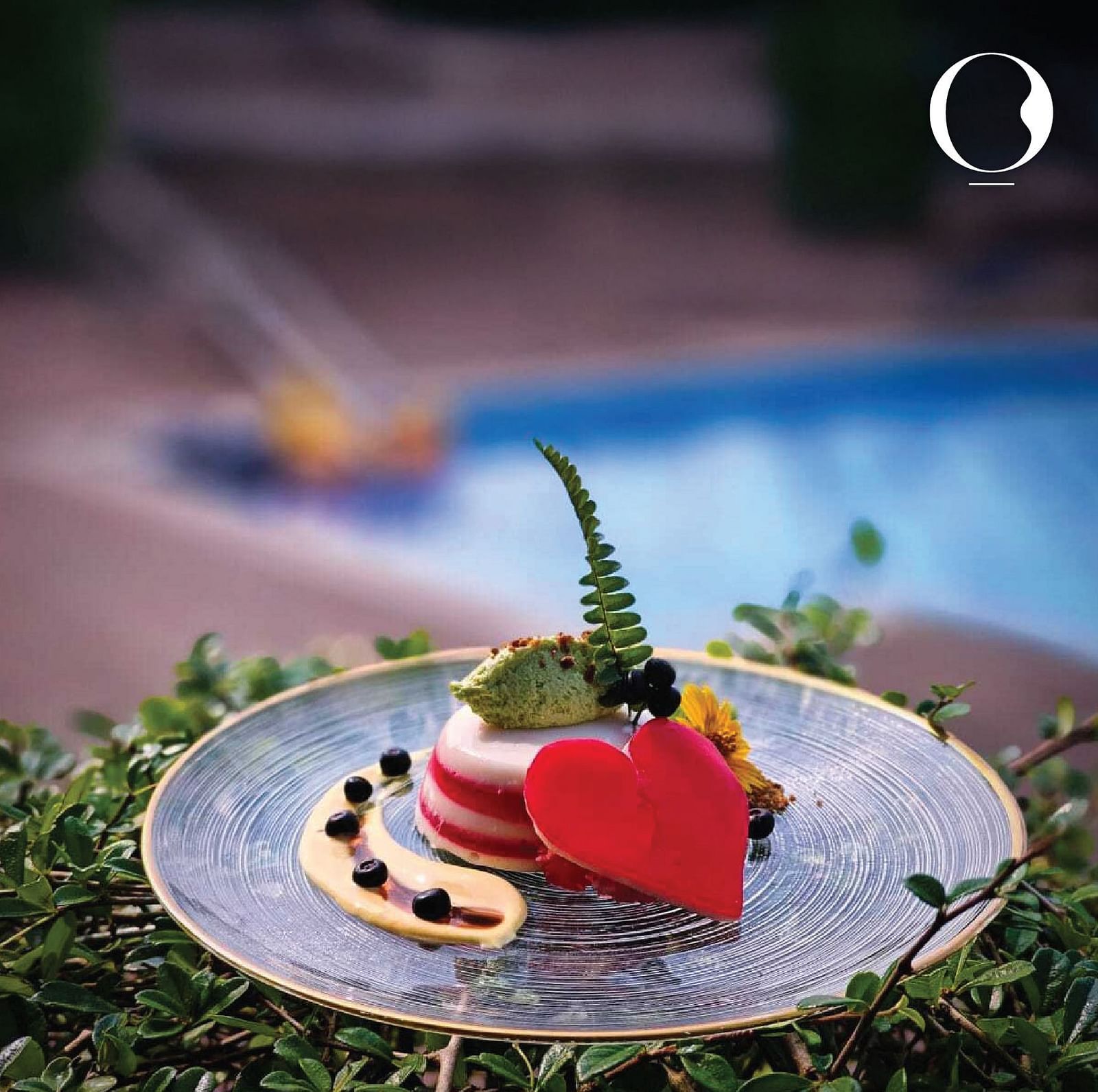 A close up of a well plated desert topped with mint leaves with the swimming pool in the background of Miros Hotels.
